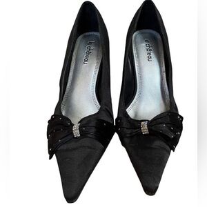 LE CHATEAU Shoe Heels Black Lovely Evening Satin Bow Crystals Party Sz 8.5